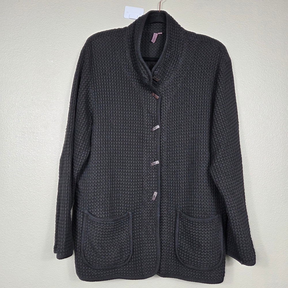 Focus Black Waffle Cotton Shawl Collar Jacket Cardigan Women's Medium